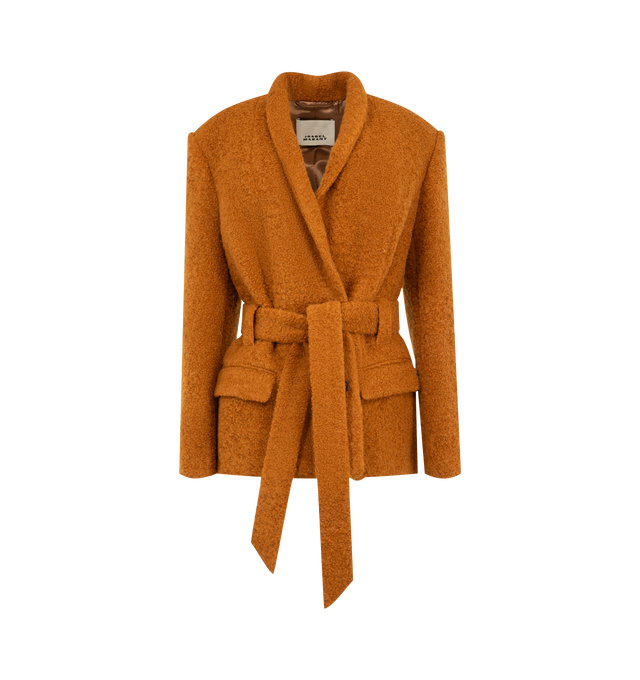 Image 1 of 2 - ORANGE - Isabel Marant Womens Syndra Jacket is crafted from a wool and boucl alpaca blend. Features a tailored fit, double-breasted button closure, removable tonal tie belt, structured shoulders, long sleeves with buttoned cuffs, and front flap pockets. Main Material: 45% Virgin Wool, 43% Alpaca, 12% Polyamide. Made in Poland.