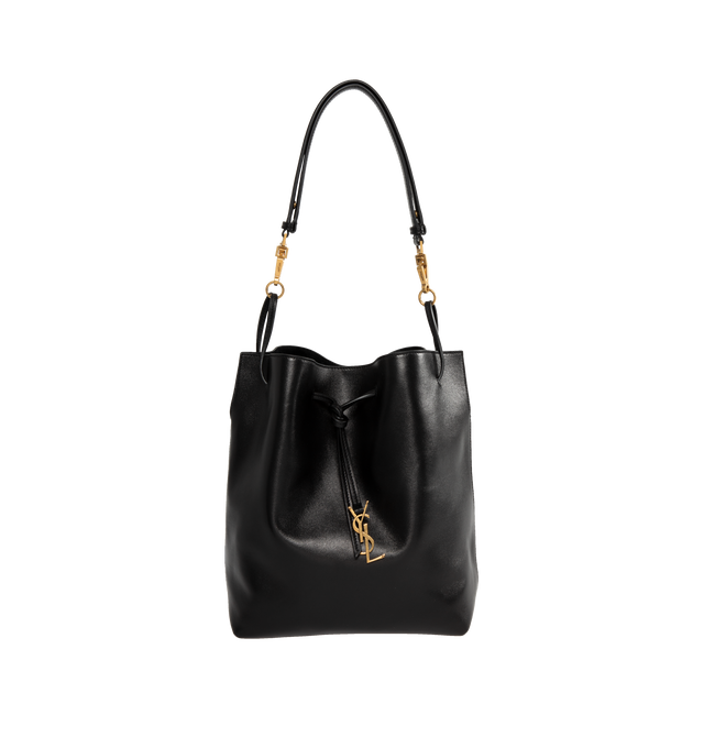 Image 1 of 3 - BLACK - Saint Laurent YSL Lambskin Pochon has a drawstring closure, a detachable leather strap, an interior pocket, and bronze tone hardware. 7.9 x 9.4 x 1.2 inches. Lined. 100% leather.