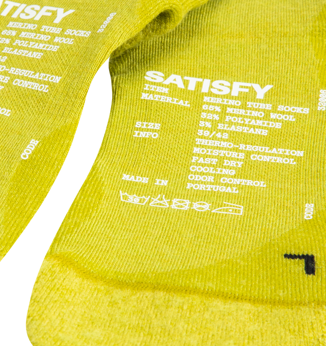 Image 3 of 3 - YELLOW - SATISFY Merino Nylon Tube Socks featuring jersey fabric, regular fit, printed detailing, tube sock design and mapped construction. 65% merino wool, 32% polyamide, 3% elastane. Made in Portugal.