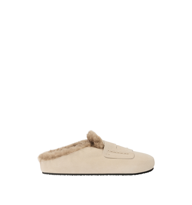 Image 1 of 3 - BROWN - JACQUEMUS Mocassins Mules featuring slip-on loafers in suede shearling, exterior in suede, round toe, wide penny-keeper, exposed hand-stitched seams, anatomical sole, embossed logo on insole and shearling insole and lining. 100% calf leather. Outsole: 100% cork. Made in Portugal.