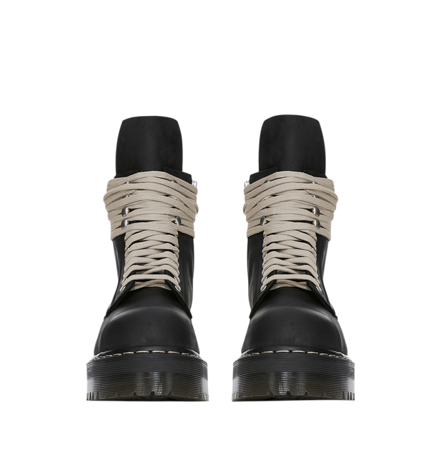 Image 4 of 7 - BLACK - Dr. Martens x Rick Owens FW26 Quad Sole Steel Toe Boot in Nubuck Leather. These Men's Dr. Martens boots are reimagined by Rick Owens and have pearl lacing, a steel toe cap, and palladium-finish hardware, including eyelets, hooks, and a side zipper. The boot features an extended geometric tongue and has a woven Dr. Martens AirWair heel loop in black and pearl. They have a Quad sole with a pearl welt stitch. This heavyweight nubuck cow leather has a flat, matte surface finish and an oil