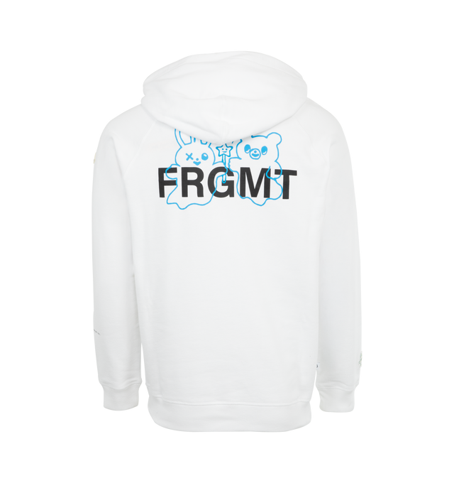 Image 2 of 3 - WHITE - Moncler x FRGMT Bunny & Bear Logo Hoodie featuring cotton fleece, fixed hood, kangaroo pockets and printed bunny and bear motif and logo details. 100% cotton.