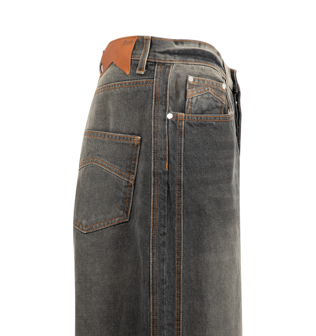 Image 3 of 4 - BLACK - RHUDE Traxedo Denim featuring classic wide leg cotton denim jeans, a mid rise, signature traxedo detailing down the leg, custom Rhude Closure button, zip fly, and hardware. 100% cotton.