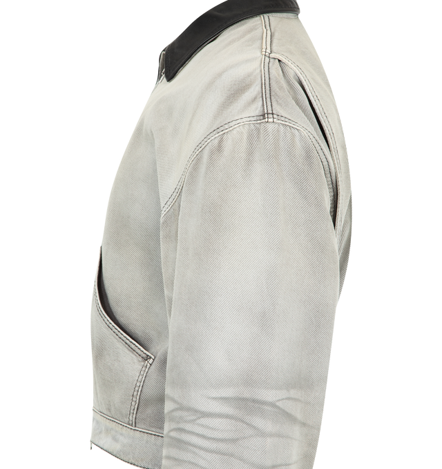 Image 3 of 3 - GREY - ACNE STUDIOS Faded Denim Bomber Jacket featuring leather collar, crafted from organic cotton denim with whisker details, kangaroo pockets, a two-way zip closure, snap button cuffs, a leather logo patch on the back neckline, regular fit and below-waist length. 100% cotton. Filling: 100% polyester.