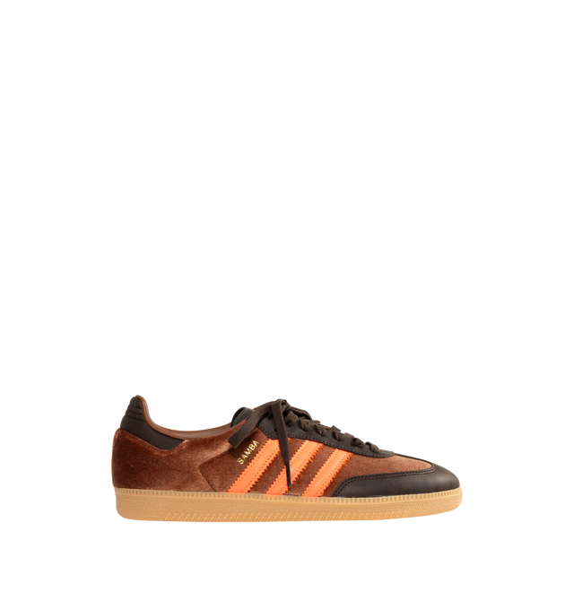 Image 1 of 5 - RED - ADIDAS Samba OG Sneaker featuring a luxe velvet and smooth leather upper, regular fit, lace closure, three stripes, synthetic lining and rubber outsole.