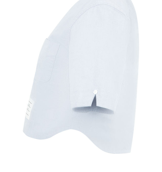 Image 3 of 3 - BLUE - THOM BROWNE Oxford Cropped Shirt featuring front button closure, short sleeves, classic collar, name tag applique and signature striped grosgrain loop tab. 100% cotton. Made in Italy.