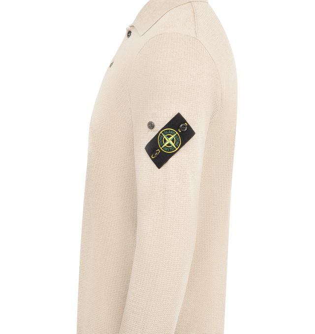 Image 3 of 3 - NEUTRAL - STONE ISLAND Polo featuring ribbed collar with two-button fastening, contrast-knit band around armholes, raised seam detail on back shoulders, raglan sleeves on back, Stone Island badge on left sleeve, ribbed cuffs and hem and loose fit. 100% cotton.