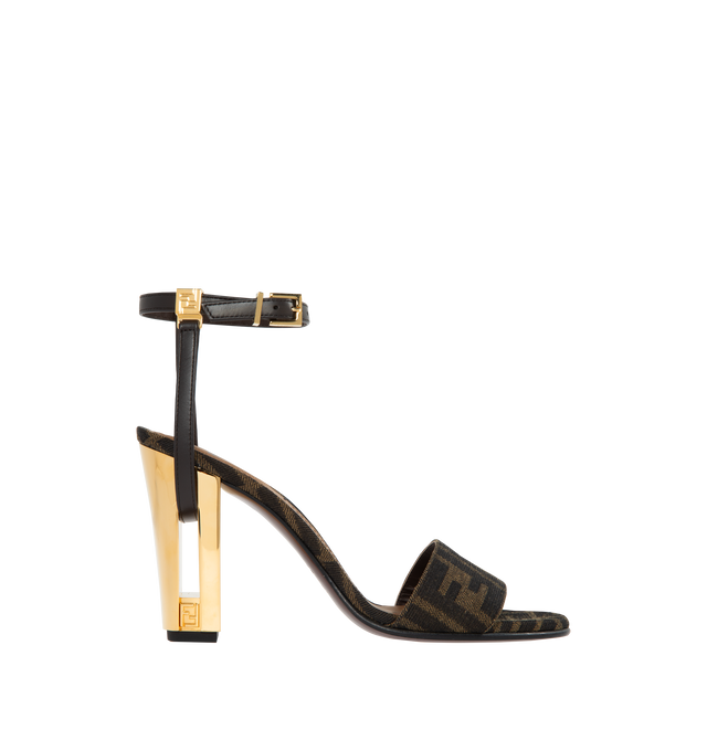 Image 1 of 4 - BROWN - Delfina round-toe sandals with an ankle strap. Made of FF jacquard fabric. Details in brown leather. Heel with cut-out detail and gold-colored metal FF motif.Made in Italy. 65% polyamide, 35% cotton, 100% calf leather, inside: 100% goat leather. 95 mm heel. 