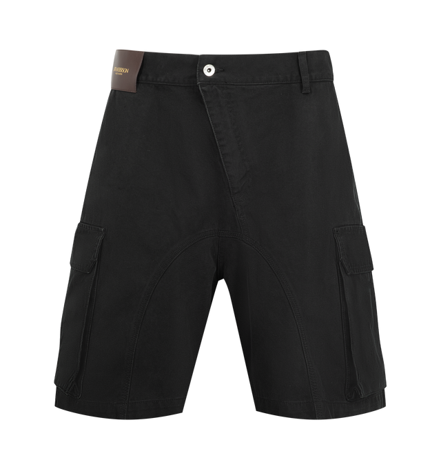 Image 1 of 3 - BLACK - JW Anderson Men's Twisted Patch Pocket Shorts featuring twisted patch pocket shorts, utilitarian detailing and logo embossed leather patch. 100% Cotton. Made in Japan.