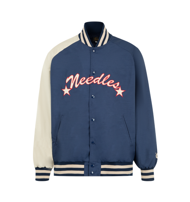 Image 1 of 3 - NAVY - NEEDLES Stadium Jacket in poly shantung featuring embroidered logo to the front, peace sign patch to the rear, contrast-colour long sleeves, press-stud fastening, striped ribbed collar, striped ribbed cuffs and hem, butterfly embroidery at the cuff and two side welt pocket. 100% polyester.