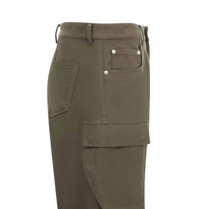 Image 3 of 3 - GREEN - RICK OWENS Double Cargo Jeans featuring cotton denim, five pocket style with four flap-patch pockets, zip fly, button closure and relaxed fit. 100% cotton. Made in Italy.