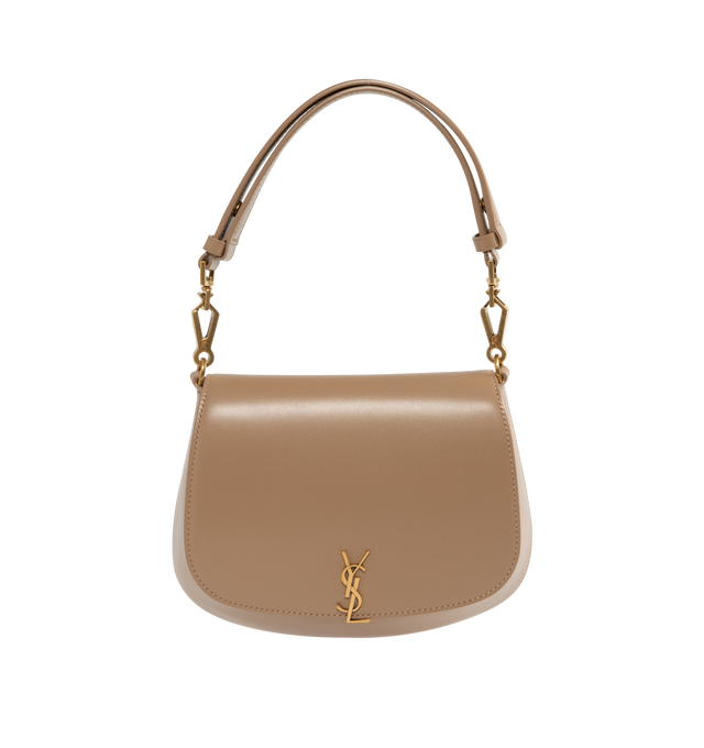 Image 1 of 3 - BROWN - Saint Laurent YSL Adjustable Handle Bag has an adjustable handle for hand or shoulder carrying, a signature logo, bronze-tone hardware, magnetic snap closure, and 1 interior pocket. Suede lining. 6.9 x 8.3 x 3.1 inches. 100% lambskin. Made in Italy.