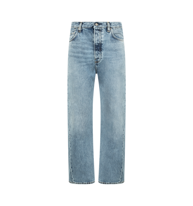 Image 1 of 3 - BLUE - TOTEME Twisted Seam Denim full length featuring relaxed fit, straight-leg, a dropped rise, constructed with directional side seams, button fly, silver-tone hardware, five pockets, belt loops, finished hem and leather patch. 100% organic cotton.