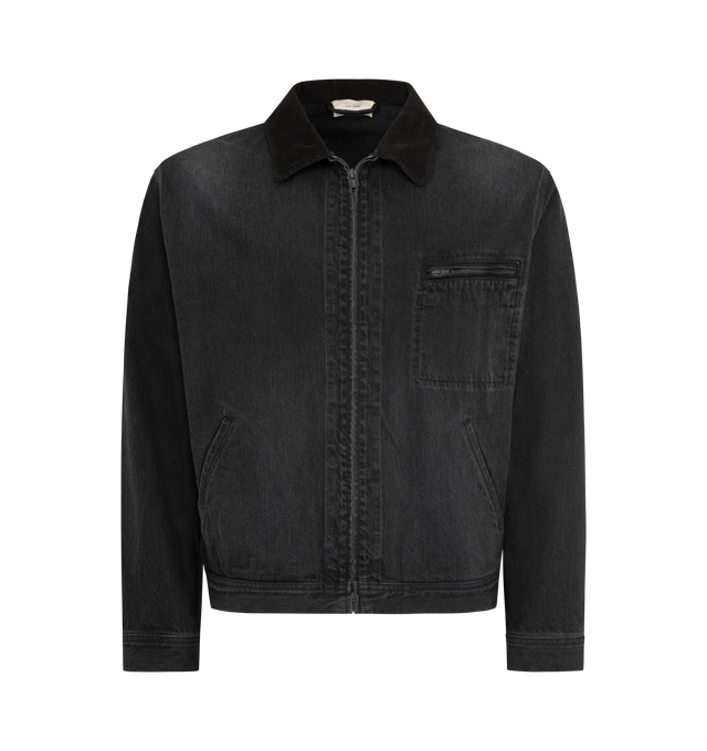Image 1 of 3 - BLACK - THE ROW Tarquin Jacket featuring a relaxed denim jacket in richly textured black denim with contrast corduroy collar, slant welt pockets, interior chest pocket and front zipper closure. Crafted from spun and dyed natural cotton, the fabric offers a deep nuanced color and intentional unevenness that develops character over time. 100% cotton. Made in Japan.