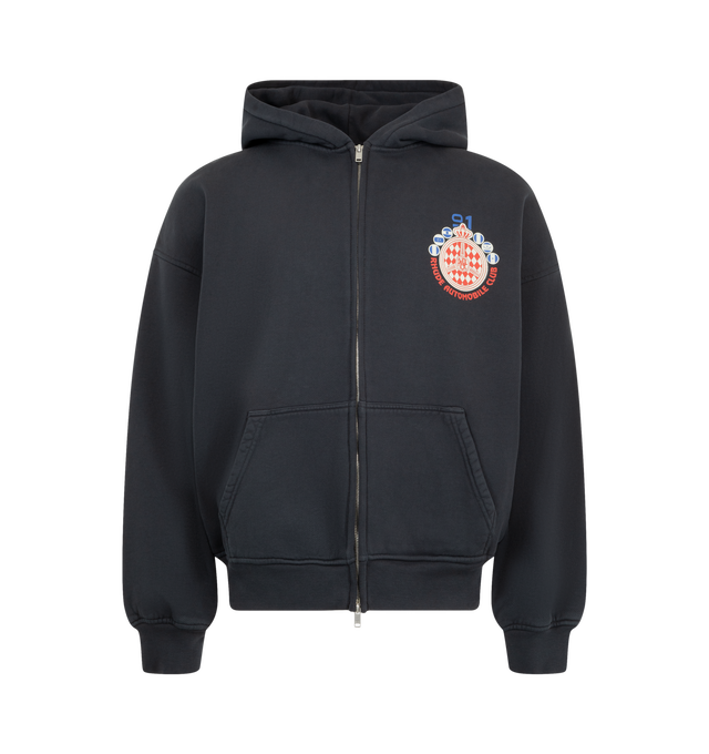 Image 1 of 2 - NAVY - Rhude Men's Automobile Club Zip-Up Hoodie is crafted from cotton and features a front zip closure, an attached hood, side slant pockets, and graphic artwork at the chest and back. Designed in a midweight fleece-lined construction, this everyday layer combines comfort with signature Rhude branding. Main Material: 100% Cotton. Made in the USA.