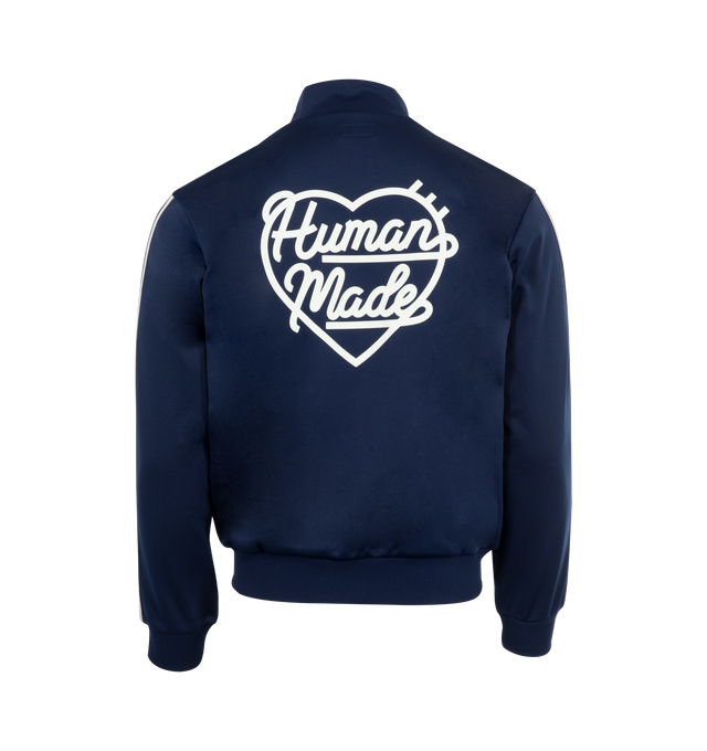 Image 2 of 3 - NAVY - HUMAN MADE Track Jacket featuring zip front closure, stand collar, a heart logo in thick flocky print, an embroidered logo on the front and jacquard tape on both sleeves. 100% polyester.