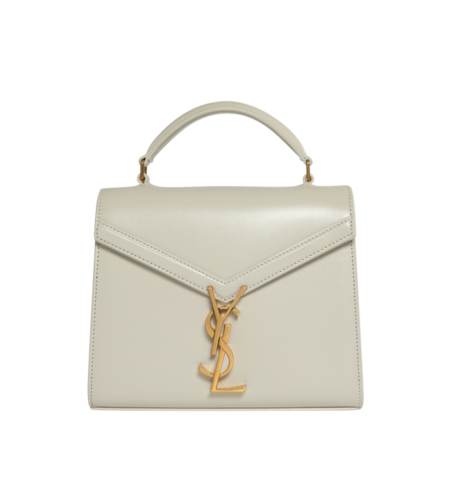 Image 1 of 3 - WHITE - SAINT LAURENT CASSANDRA MINI TOP HANDLE BOX BAG with front flap and pivoting metal Cassandre closure, featuring leather top handle, adjustable and detachable shoulder strap, bronze tone metal hardware,  leather lining, 2 interior compartments, one interior flat pocket, one exterior dossier pocket, four metal feet. Measures  7.8 X 6.2 X 2.9 inches with 20 inch drop shoulder strap. Calfskin leather. Made in Italy. 