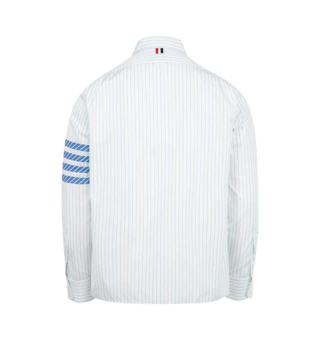 Image 2 of 2 - WHITE - THOM BROWNE Pinstripe Poplin 4 Bar Shirt featuring straight fit, front button closure, chest patch pocket, 4-bar detailing, name tag applique, signature grosgrain trim at hem, pleated back yoke with locker loop and signature striped grosgrain loop tab. 100% cotton. Made in Italy.