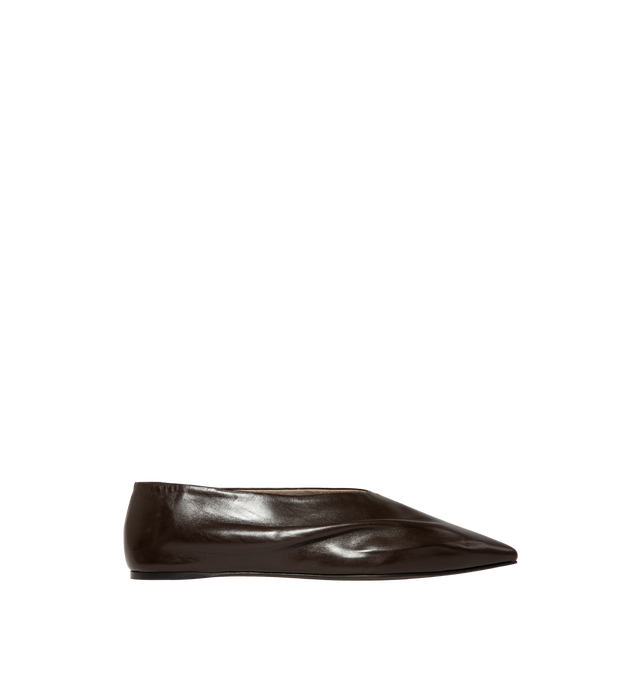 Image 1 of 4 - BROWN - Khaite Miriam ballerina flat inspired by the soft folds of fabric and crafted in Italy of glazed calfskin selected for its luminous shine. The deconstructed body is lined in cigar-hued suede, accentuating a natural fit that moves with the foot. Detailed with signature gold staple. Made in Italy. Glazed calf (100% calfskin).