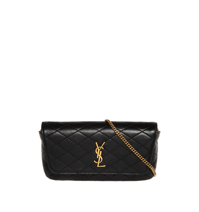 Image 1 of 3 - BLACK - SAINT LAURENT Chain Phone Holder with front flap and snap closure, bronze-tone hardware, and a single flat pocket at the back. Adorned with the Cassandre and diamond quilted over-stitching. Features a 20.1 inch drop chain shoulder strap.  Measures 7.5 X 3.9 X 1.8 inches. 90% lambskin, 10% metal. Made in Italy.  