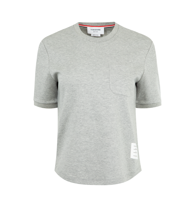 Image 1 of 3 - GREY - THOM BROWNE Cotton Milano Tee featuring ribbed neckline and cuffs, patch chest pocket, curved stepped hem, name tag appliqu and signature striped grosgrain loop tab. 100% cotton. Made in Italy.