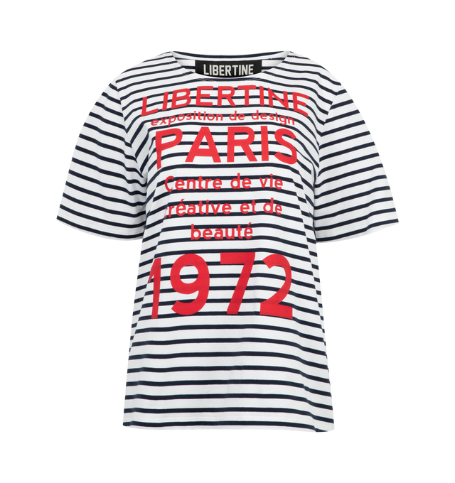 Image 1 of 2 - WHITE - LIBERTINE 1972 Paris Tee featuring crew neck, short sleeves, fitted, stripes throughout and print on front. 100% cotton. Made in USA.