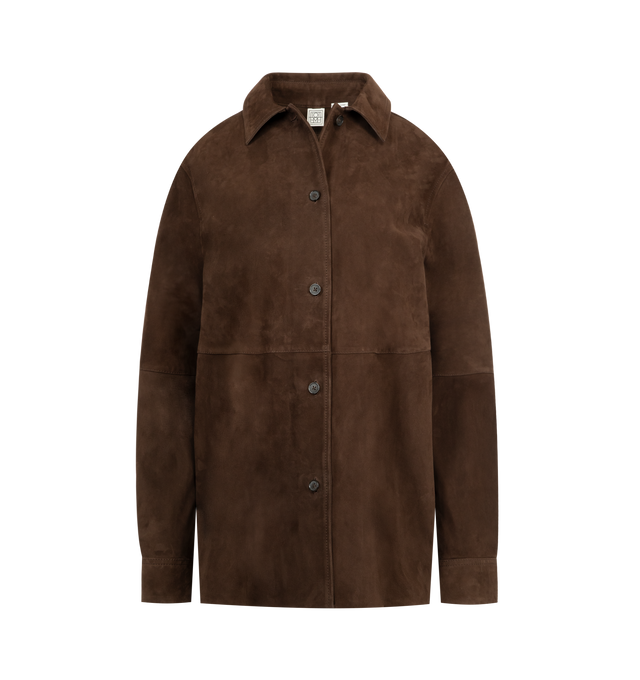 Image 1 of 2 - BROWN - TOTEME Soft Suede Shirt featuring buttersoft suede, paneled straight silhouette fastening with buttons at the placket and cuffs, collar and long sleeves. 100% lamb leather.