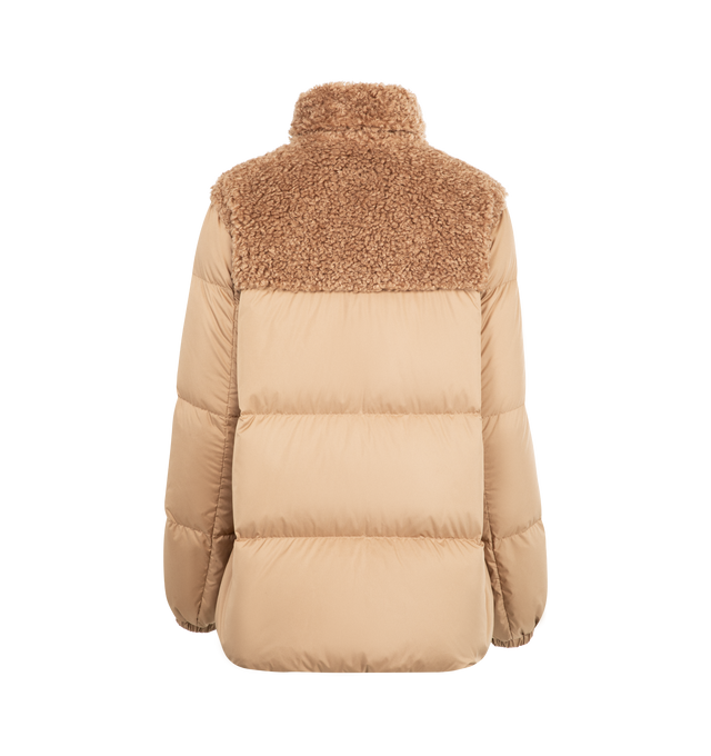 Image 2 of 3 - BROWN - MONCLER Esnaie Teddy-Trimmed Short Down Jacket featuring polyester lining, collar and back yoke in teddy fleece, down-filled, zipper closure and zipped pockets. 100% polyester. Padding: 90% down, 10% feather. Made in Moldova.