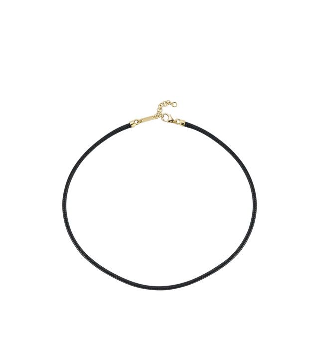 Image 1 of 1 - BLACK - JEMMA WYNNE Love Notes Black Leather Cord Choker featuring 18k Yellow Gold, 3mm Genuine Leather cord and Length - Adjustable 14"-16". Hirshleifers offers a range of pieces from this collection in-store. For personal consultation and detailed information about jewelry, please contact our dedicated stylist team at personalshopping@hirshleifers.com.