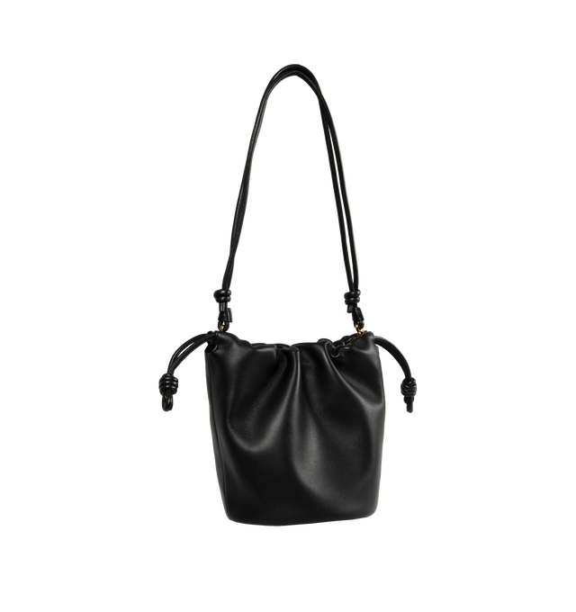 Image 2 of 3 - BLACK - Loewe Paula's Ibiza Flamenco Purse crafted in mellow nappa lambskin in a ruched design with signature knots at the sides in a new everyday size that can be worn over the shoulder using the donut chain or crossbody with the accompanying leather strap. Featuring detachable and adjustable leather strap for shoulder, crossbody or hand carry and detachable donut chain adorned with Anagram engraved Pebble. Discreet magnetic closure, suede lining and embossed LOEWE. Height (inch): 9.4 X Widt 