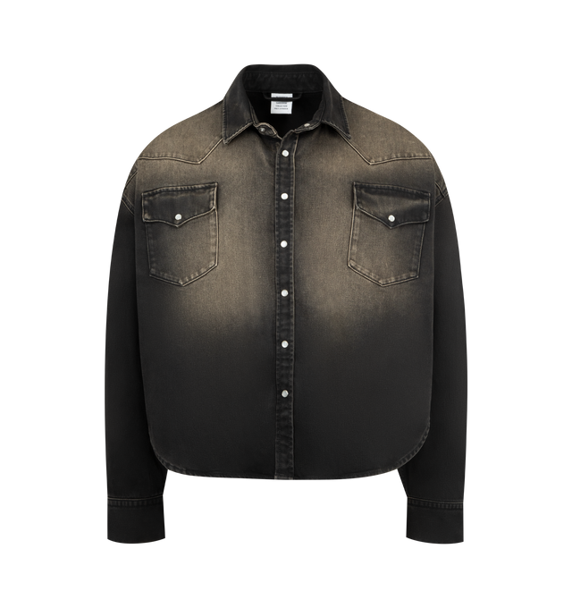 Image 1 of 2 - BLACK - VETEMENTS Cowboy Denim Shirt featuring non-stretch denim shirt, fading throughout, spread collar, press-stud closure, western yoke, flap pockets at chest, shirttail hem and press-stud barrel cuffs. 100% cotton. Made in Italy.