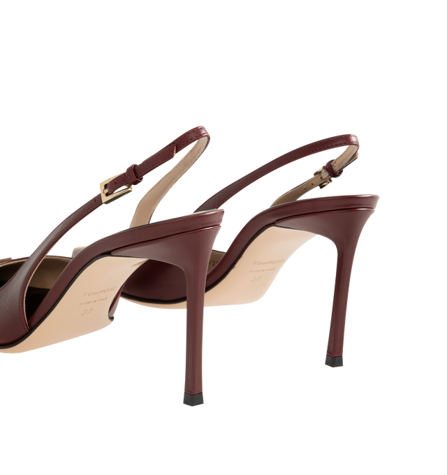 Image 3 of 4 - RED - Tom Ford Womens Thea Slingback Pumps are crafted from shiny goatskin leather. Feature an elongated pointed toe with signature pale gold-tone T metal detail, adjustable slingback strap, stiletto heel, and leather sole. Heel Height: 10.5 cm. Main Material: 100% Goatskin Leather; Sole: Leather. Made in Italy.