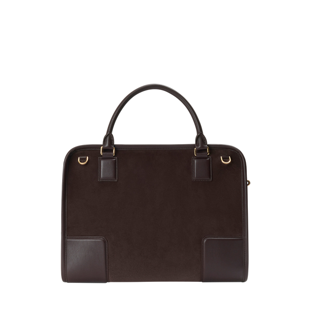Image 8 of 16 - BROWN - LOEWE Large Amazona 180 Bag in suede featuring a relaxed silhouette anchored by a single toron top handle, designed to be carried open while a concealed closure secures the main compartment, removable shoulder and crossbody straps, zip closure with two leather zip pullers, two compartments, main compartment closed with magnetic closure, internal flat pocket, left side d-ring for customization, suede and nappa lambskin lining, embossed LOEWE and embossed double L branding. Suede/calf.