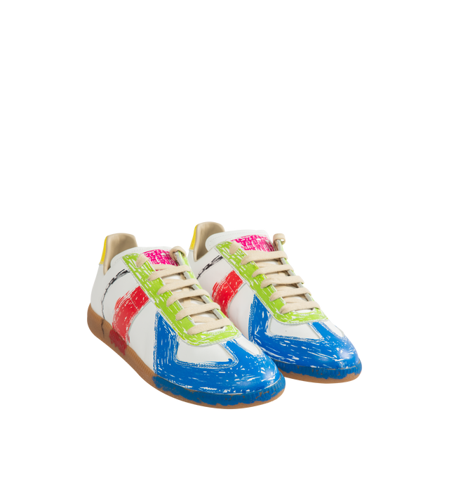 Image 2 of 5 - MULTI - Maison Margiela Men's Replica Paint-Splatter Sneakers are crafted from calf leather and feature a paint-splatter effect. Designed with a round toe and lace-up fastening, they are finished with a logo-print tongue, the signature single-stitch detail at the rear, and a flat gum-rubber sole. Main Material: 100% Calf Leather. Lining: 100% Calf Leather. Sole: 100% Rubber. Made in Italy.