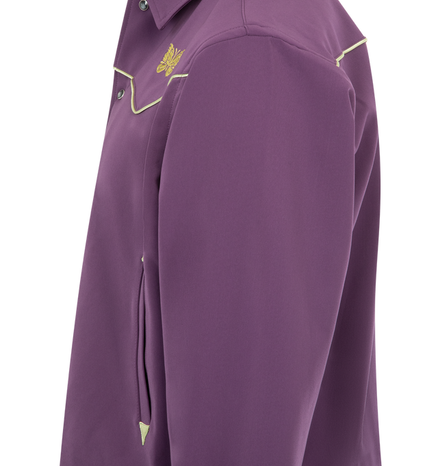 Image 3 of 3 - PURPLE - NEEDLES Piping Cowboy Jacket featuring snap button closure, piping details at yoke and cuffs, embroidered logo at chest and rear and two side pockets. 89% polyester, 11% polyurethane. Made in Japan.