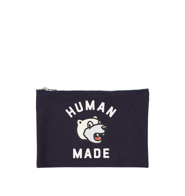 Image 1 of 2 - NAVY - HUMAN MADE Bank Pouch featuring cotton canvas, rubber-printed branding, animal motif, zipper closure and flat pouch design. 8.3 x 5.5 in. 100% cotton.