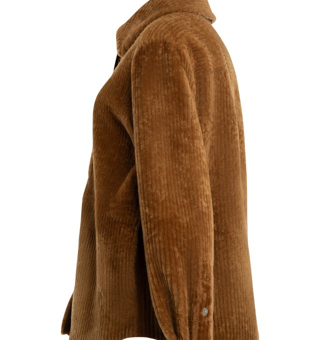 Image 3 of 3 - ORANGE - Loewe Women's Overshirt is crafted from medium-weight merino shearling and features a relaxed fit, regular-length silhouette, classic collar, button-front closure, and buttoned cuffs. Designed with side seam pockets and finished with a puffy Double L debossed leather patch at the back. Main Material: 100% Lambskin Shearling.