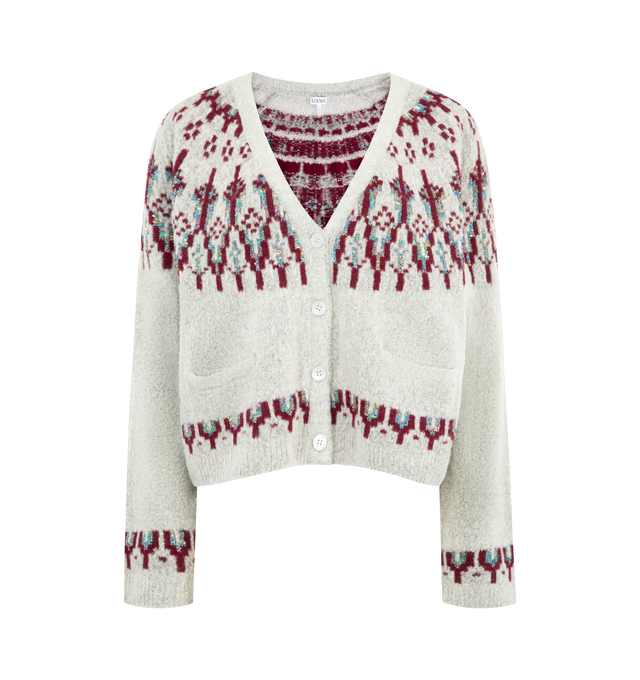 Image 1 of 2 - GREY - LOEWE Cardigan in medium-weight wool blend featuring a boxy silhouette, a Fair Isle pattern with a sequinned yarn, relaxed fit, regular length, V-neck, button front fastening, welt pockets, ribbed cuffs and hem and LOEWE jacquard placed at the back. Wool/polyamide. Made in Italy.