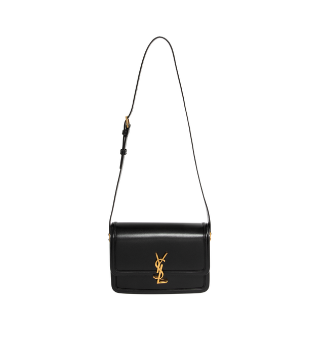 Image 1 of 3 - BLACK - SAINT LAURENT medium leather satchel with flap featuring push-lock closure, 2 inner pockets, adjustable shoulder strap and metal logo hardware. Measures 9 X 6.2 X 2.3 inches with 15.3 inch drop strap.  Made in Italy.