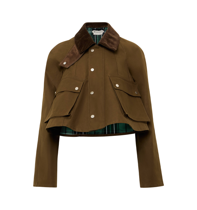 Image 1 of 2 - BROWN - JW ANDERSON Barn Jacket in biscuit waxed cotton featuring a contrast collar and waxed leather throat latch, outer fabric is bonded to a tartan jacquard logo lining, cropped fit and finished with logo-engraved press snaps. 100% cotton. Made in Italy.