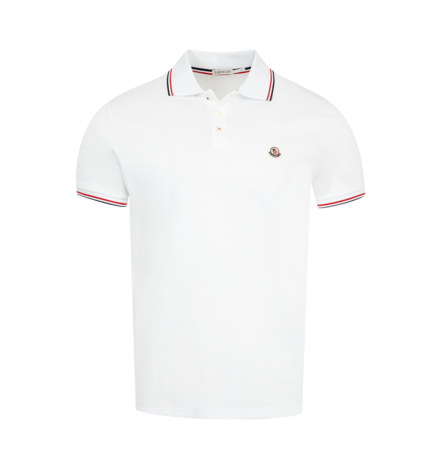 Image 1 of 2 - WHITE - MONCLER Tricolor-Trimmed Polo Shirt featuring organic cotton piquet, tricolor knit collar and cuffs, short sleeves, button closure and logo patch. 100% cotton.