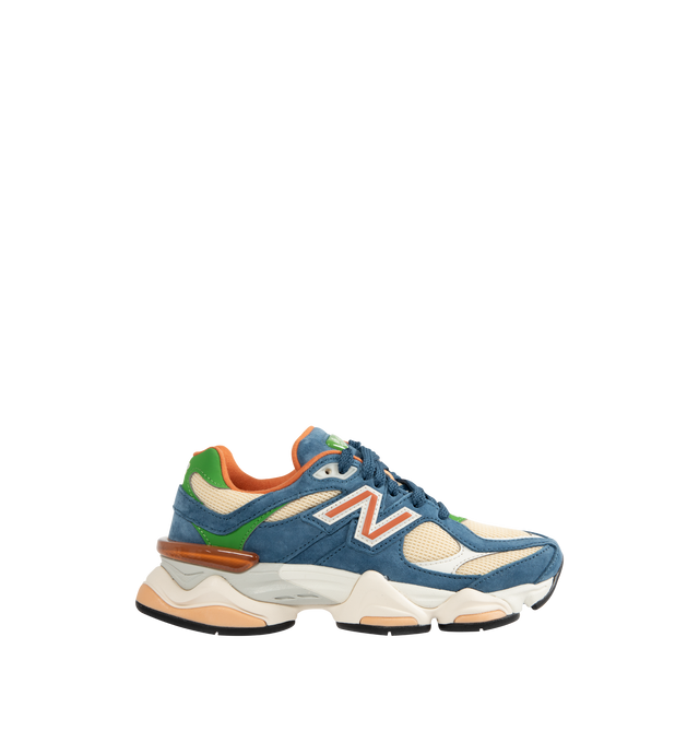 Image 1 of 5 - BLUE - NEW BALANCE 9060 Sneaker featuring mesh upper with suede overlays, dual-density midsole with ABZORB and SBS cushioning, tongue logo inspired by original 991 lace jewel, translucent CR device at heel and diamond outsole pattern.