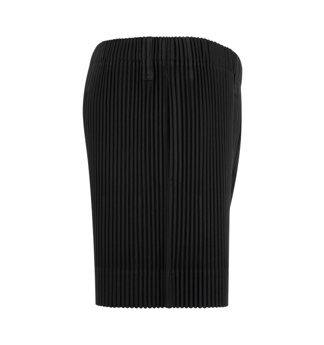 Image 3 of 3 - BLACK - Issey Miyake Men's shorts designed for portability and lightweight comfort, with the quick-drying properties unique to polyester. Featuring elastic waist with belt loops, pockets on both sides and button-fly design. 100% Polyester. Made in The Philippines.