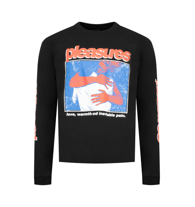 Image 1 of 3 - BLACK - PLEASURES Embrace Long Sleeve Shirt featuring crew neck, long sleeves and graphic on front and sleeves. 100% cotton.