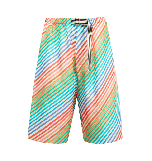 Image 1 of 3 - MULTI - CHRISTOPHER JOHN ROGERS Crayon Stripe Silk Bias Shorts featuring vibrant crayon stripes, adjustable waistband, side slip pockets, back patch pocket, relaxed fit, knee length and slip-on closure. Silk. Made in USA.