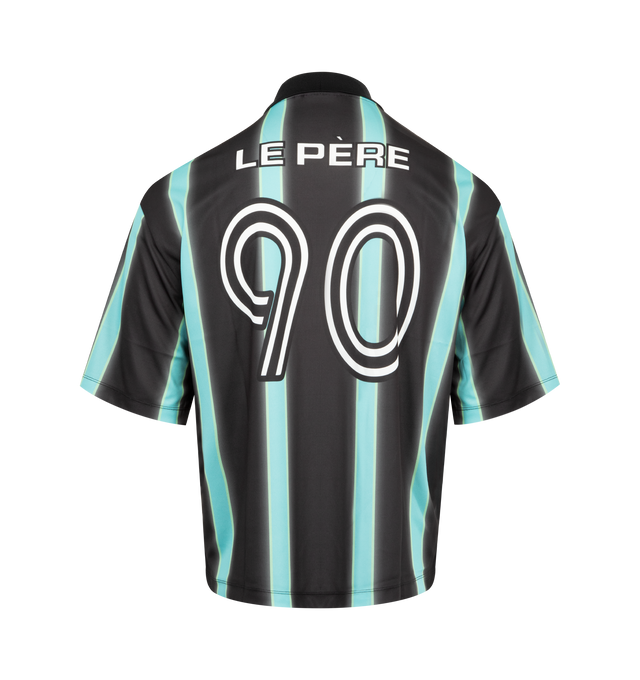 Image 2 of 2 - BLACK - LE PERE LPFC Striped Football Jersey featuring premium Spanish jersey fabric, a custom le PRE club crest on the front, numbers on the back, stripes throughout, short sleeves and collar. 100% PES. Made in Portugal.