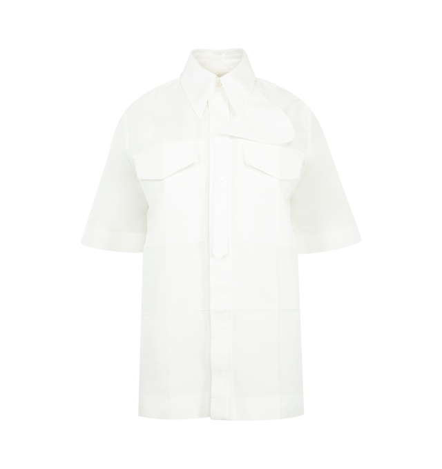 Image 1 of 3 - WHITE - BOTTEGA VENETA Compact Cotton Toile Shirt featuring detachable cotton throat latch, short sleeves, button closure and relaxed fit. 100% cotton. Made in Italy.