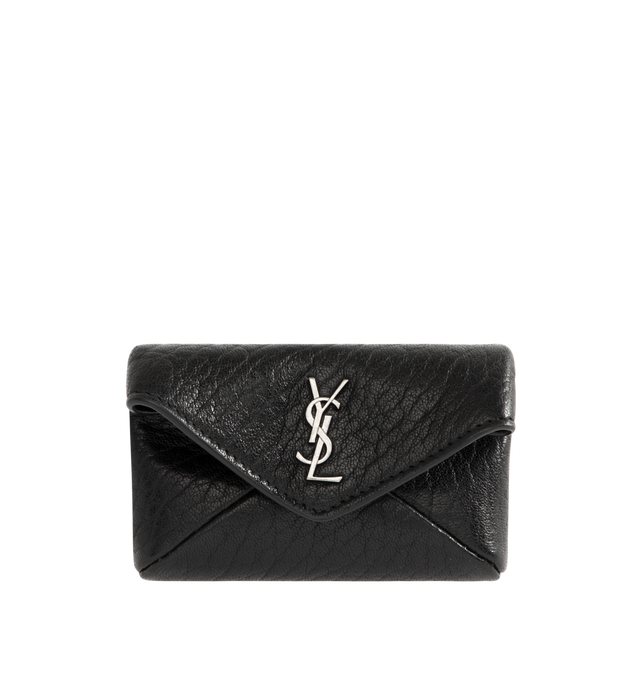 Image 1 of 3 - BLACK - SAINT LAURENT Envelope Key Case in grained leather featuring a chain and key ring that may be attached to a bag as a charm, leather lining, silver-tone hardware and snap-button closure. 3.9" x 2.6" x 1". Lambskin. Made in Italy.