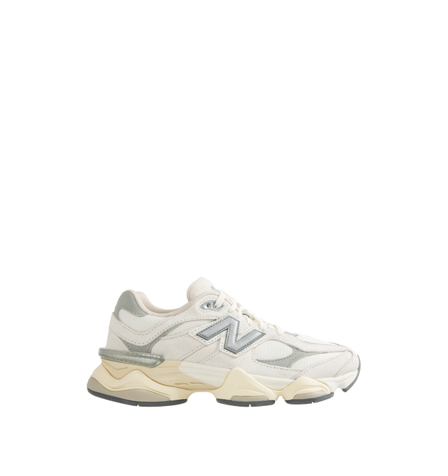 Image 1 of 5 - WHITE - New Balance 9060 Sneakers are a lace-up style with ABZORB midsole cushioning, ABZOB SBS heel cushioning, tongue logos, mesh and leather inserts, and diamond pattern outsoles.