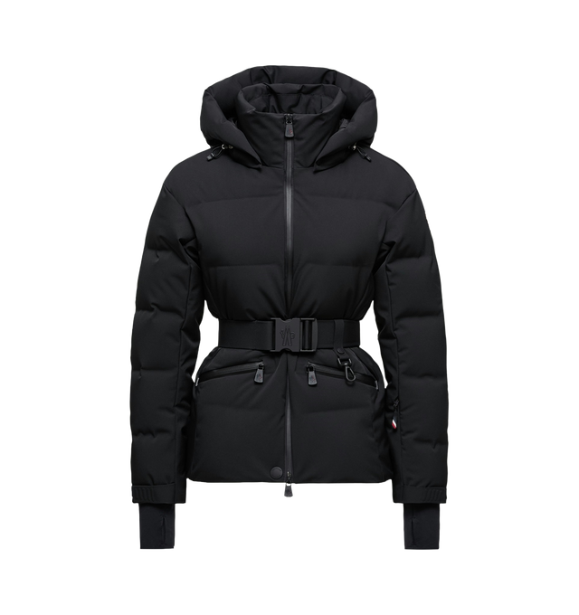 Image 1 of 1 - BLACK - Moncler Grenoble Women's Tolima Hooded Insulated Ski Jacket is crafted from a 2-layer four-way stretch technical nylon blend and features a performance-driven silhouette designed for skiing and snowboarding. Engineered for maximum freedom of movement, this down-filled jacket combines breathable comfort with weather-resistant protection through water-repellent YKK AquaGuard NATULON zippers and technical stretch construction. Purpose-built for the slopes, it is finished with a detachabl